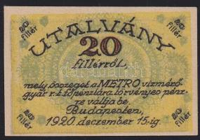 Budapest / Metro Vízmérőgyár Rt. 1920. 20f utalványa T:I