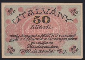 Budapest / Metro Vízmérőgyár Rt. 1920. 50f utalványa T:I