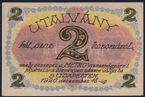Budapest / Metro Vízmérőgyár Rt. 1920. 2K utalványa T:I
