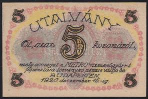 Budapest / Metro Vízmérőgyár Rt. 1920. 5K utalványa T:I
