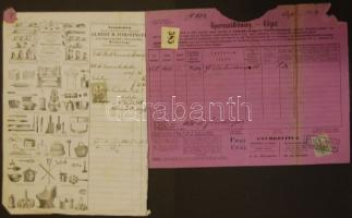 1876 Első háztartási és konyhaszerek raktára acélmetszetes számla és szállítólevél 26x33 2x 5 kr szá...