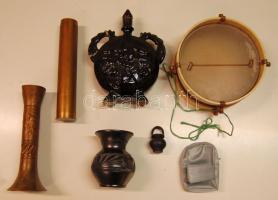 Vegyes bolha tétel: dob, váza, ágyú töltényhüvely, kerámia váza, kerámia kulacs, stb