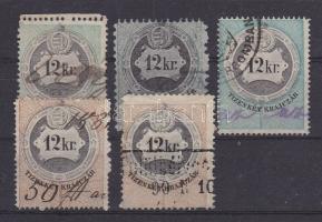 1868-1887 12kr összeállítás, 5 db bélyeg "Három pálya" lemezhiba