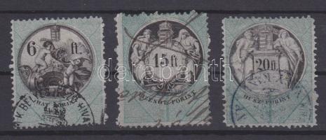 1870 Okirati illetékbélyeg 6Ft, 15Ft, 20Ft, kártya papír