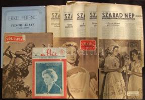 Vegyes nyomtatvány tétel: Szabad Nép, a Hét, Magyar Rádió, Színház-Mozi, Nők lapja, Tenor-áriák kott...