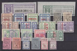 1930 Országos Ügyvédszövetség Iratmásolási jegy kis összeállítás, közte vörös színnel városnevekkel felülnyomva 8 db + 14 db egyéb ügyvédi bélyeg