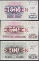 Bosznia-Hercegovina 1992. 10D + 25D + 50D + 100D + 500D + 1000D "AA 00000000" sorozatszámmal, pecsételéssel és "SPECIMEN" felülnyomással! T:I