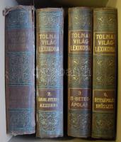 Tolnai Világlexikona 1,2,3,4. kötetek Magyar Ker. Közlöny Hírlap és könyvkiadó Vállalat kiadása, Budapest, 1912-1913 díszes aranyozott kiadói félbőr kötésben, fém dombor betéttel  (Az első kötet gerince sérült a többi szép állapotban)