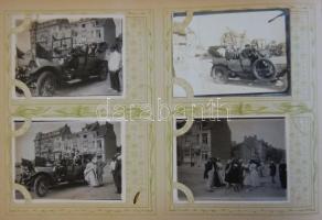 cca 1900 Belgium érdekes amatőr album 75 fotó jó képeslapalbumba ragasztva. Korai repülő-kísérlet, tenisz, városképek, autók, vendéglők /  Belgium interesting amateur album with 75 photos about flying of early plane, cars, shops, tennis, city-views glued in old postcard album