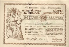 1927. Széplaki Takarékpénztár Rt. 300 Lei részvény/ Széplak (Suplac) Sparkasse Aktie