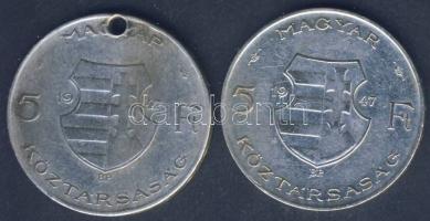 1947. 5Ft Ag (2x) "Kossuth" T:3+,3 ly. ph