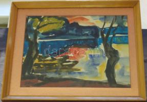 Tábori József (1928-2001): Folyópart, akvarell-papír, jelzett, keretben 30x37 cm