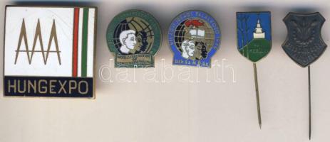 5db különféle kitűző és jelvény: "Világifjúsági Találkozó 1949.", "World Federation of Democratic Youth", Hungexpo, Mezőgazdasági kiállítás, XII. Kerület, T:2 ( köztük 3db zománcozott)