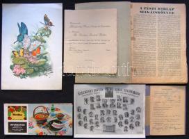 Nagy vegyes nyomtatvány tétel: bizonyítványok, oklevelek, osztályképek, okiratok, szakácskönyv 1934, üdvözlőlapok, stb.
