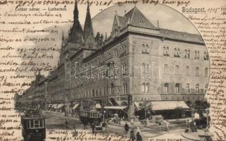 Budapest VII. Luther udvar, Munkácsy Kávéház villamosokkal, Divald