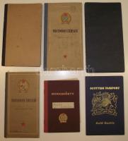 30 db vegyes igazolvány: tagsági könyvek, munkakönyvek, útlevelek, bizonyítványok, stb.