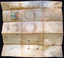 1604 V. Rudolf császár Prágában kiadott és saját kezűleg aláírt címeres-levele Tarczali Kis András agilis részére valamint feleségének Szinthei Barbarának vitéz és nemzetes nagylónyai Lónyay András ajánlásával. Kihirdetve Zemplénben 1607-ben.  Pergamen, viaszpecsét nélkül 68x57 cm /Nagy Iván: Családtörténeti folyóirat III. évf. 149. old. 1901 / VÉDETT / Enobling letter of the Tarczal Kis Family autograph signed by Emperor Rudolph. Issued in Prague, announced in 1607. Parchment, without wax seal (Protected by the Hungarian state, can not be taken out of the country) 68x57 cm