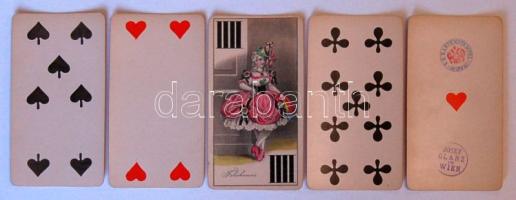 cca 1880 Joseph Glanz aranyozott szélű osztrák tarokk-kártya 53 lapos pakli tökéletes állapotban! Kártya-szignettával /  Joseph Glanz deck of 53 tarot-cards with golded edge. With card-signetta All in perfect condition!