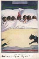 Black babies, black cat, artist signed