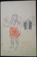 1916 Vértes Marcell (1895-1961): Galíciában, ceruza-papír, jelzett. A művész rövid katonáskodasa alatt a Galicia hadszintáren tábori levelezőlapra rajzolt jelenet, tábori portával elküldve 9x14cm