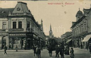 Nagyvárad Rákóczi street with the shop of the Weber brothers and tram