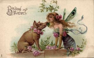 New Year pig and fairy litho