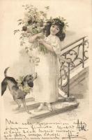 1899 Girl with dog litho, 1899 Lány kutyával litho