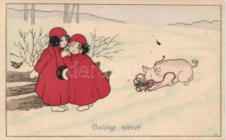 New Year girls and pig, M. Munk