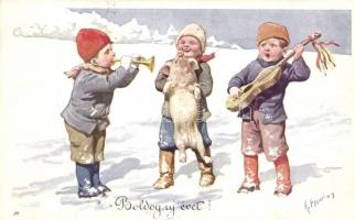 New Year, musician children s: K. Feiertag, Újév, zenélő gyerekek 'IV Károly király koronázása napján' So. Stpl  s: K. Feiertag