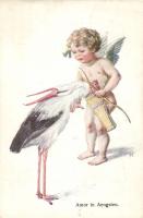 Amor in Aengsten / Cupid in fear, stork, humour, B.K.W.I. 255-3, Kupidó fél, gólya, humor, B.K.W.I. 255-3