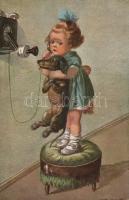 Girl telephone, dog artist signed