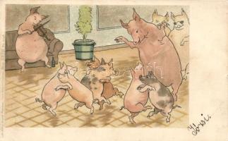1899 Pigs party humour litho (EB)