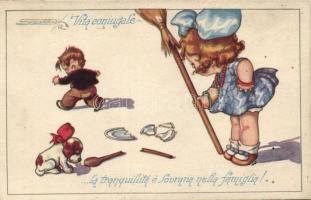 Olasz művészlap, Gyerek humor, Anna &amp; Gasparini 1859-4., szignós, Vita coniugale / Italian art postcard, children, humour, Anna &amp; Gasparini 1859-4., artist signed