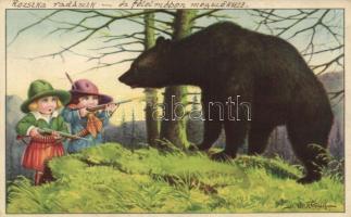 Olasz művészlap, vadászó gyerekek, C.C.M. 2608. s: Bertiglia, Italian art postcard, hunting children, C.C.M. 2608. s: Bertiglia