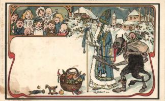 Krampus and Santa litho, artist signed