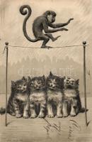 Macska, majom akrobata Emb. litho, Monkey acrobat and cats Emb. litho