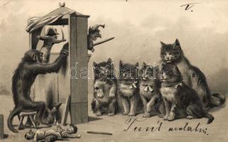 Monkey puppet theatre and cats Emb. litho (EK)