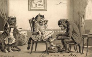 Monkey pedicure and cats Emb. litho (EK)