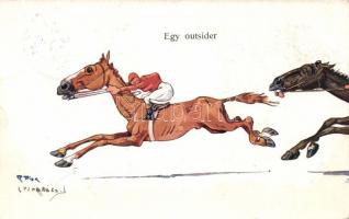 Egy outsider B.K.W.I. 724-1 Horse race, Schönpflug style postcard