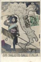 Un Saluto dall Italia / Italian greeting, map, patrioric propaganda, Olasz térkép, kislány, propaganda lap