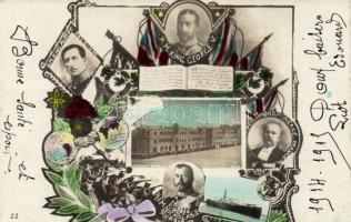 Nicholas II, King George V., King Albert and Raymond Poincaré with Floriana barracks; military propaganda
