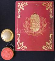 1905 Címereslevél Aczél de Kemencze József kemencei földbirtokos, felesége Roheim Frida és gyermekeik részére címerleírással és rajzzal, Ferenc József császár és báró Fejérváry Géza miniszterelnök saját kezű aláírásával, sértetlen viaszpecséttel. 8 oldal díszes, aranyozott egészbőr kötésben. (A lapok szélükön ázottak, restaurálásra szorulnak) VÉDETT / Decoratív enobling document with autograph signature of emperor Franz Joseph and baron Geza Fejervary prime minister of Hungary. 8 pages in full leather binding (pages and cover damaged, needs repair) with intact wax seal in copper case  Protected by the Hungarian state 30x38 cm