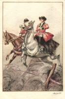 Italian art postcard, horses, couple, Elite C.C.M. 2555-2. s: Ambart