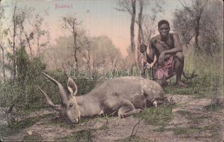 African folklore, hunter with bushbuck antelope, Afrikai vadász elejtett bushbuck antiloppal, folklór