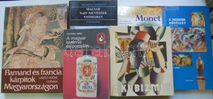 6 db művészeti könyv: A kubizmus, A modern művészet, A magyar kerámia és porcelán, Magyar naiv művészek nyomában, Art Book-Monet, Flamand és francia kárpitok Magyarországon
