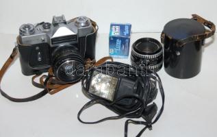 Zenit-E típusú fényképezőgép eredeti tokjában, töltővel, Norma Fil-16 típusú vakuval, optikával