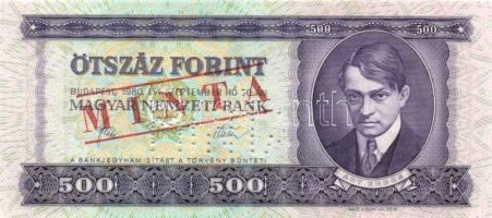 1980. 500Ft "MINTA" perforációval és felülnyomással "E 000" sorozatszámmal, hátlapi festékfoltokkal T:I