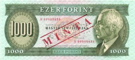 1983. 1000Ft "MINTA" perforációval és felülnyomással "B 00000836" sorozatszámmal T:I