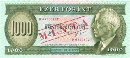 1992 1000Ft "MINTA" perforációcal és felülnyomással "D 00000727" T:I