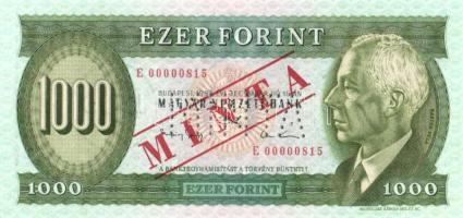 1993. 1000Ft "MINTA" perforációval és felülnyomással "E 00000815" sorozatszámmal T:I